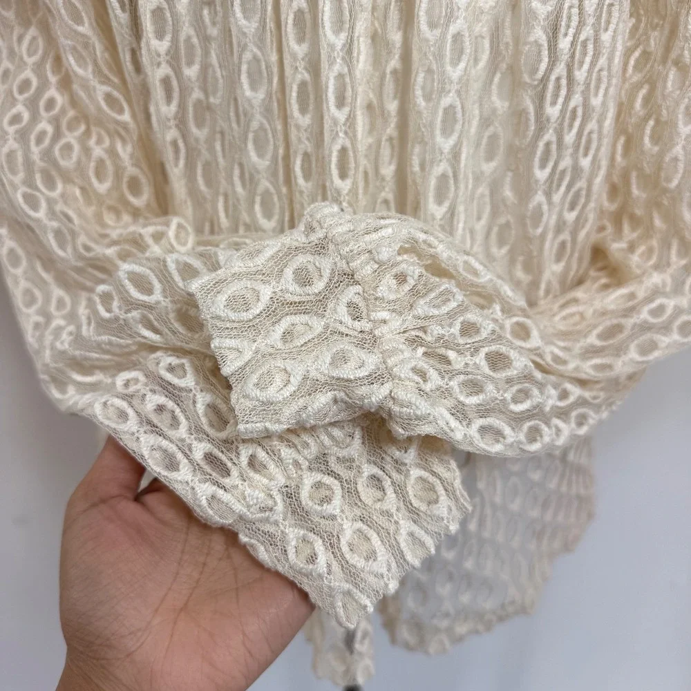 Zara Lace Blouse Cream Puff Sleeve Sheer‎ Textured Boho Peasant Coquette Top S